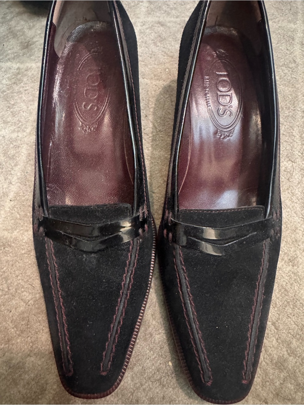 Tod's Black Suede Slip-On Penny Loafers with Dark Burgundy Accents